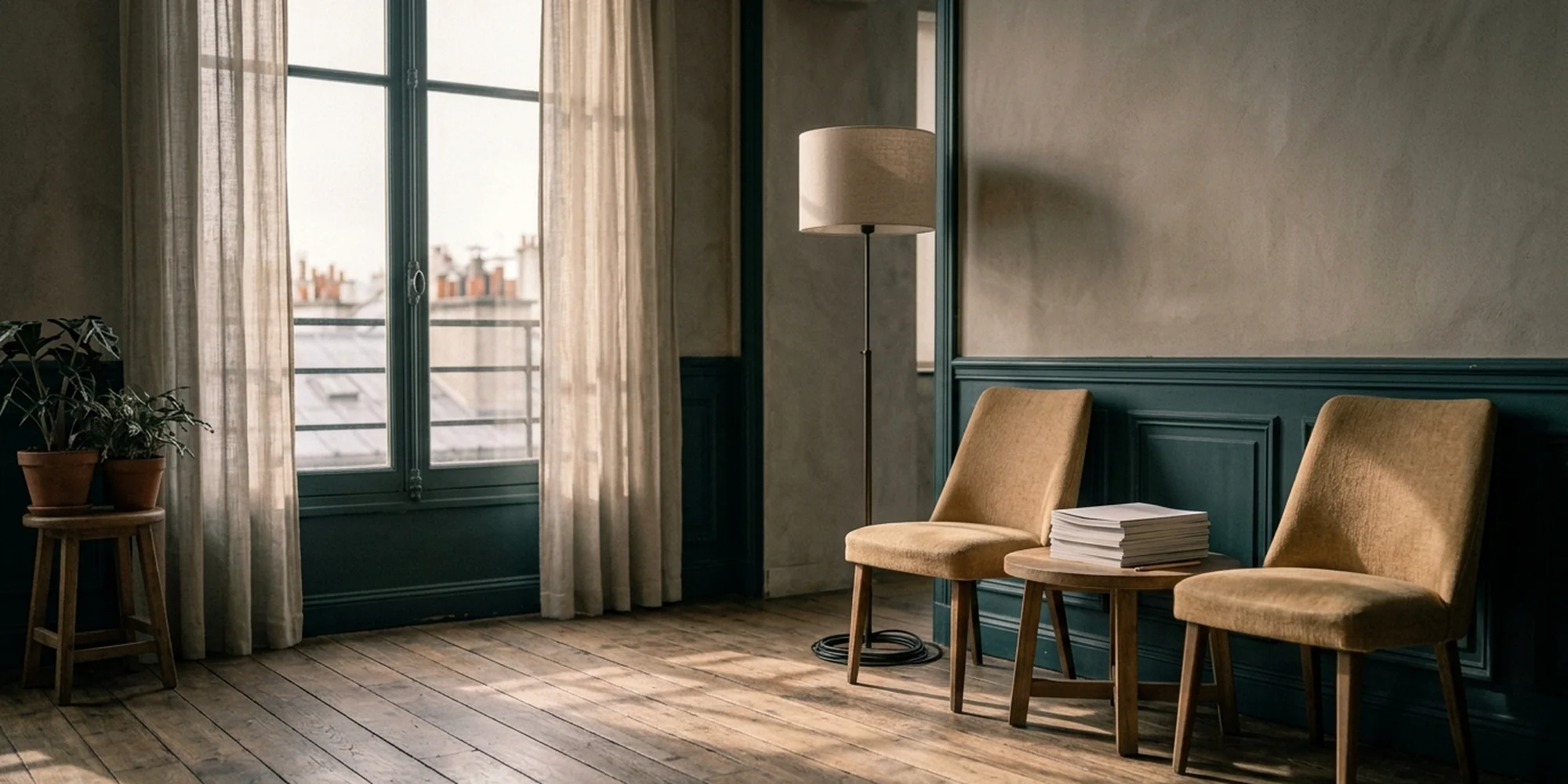Salle d'attente d'un cabinet : deux fauteuils, table basse et lampe près d'une haute fenêtre