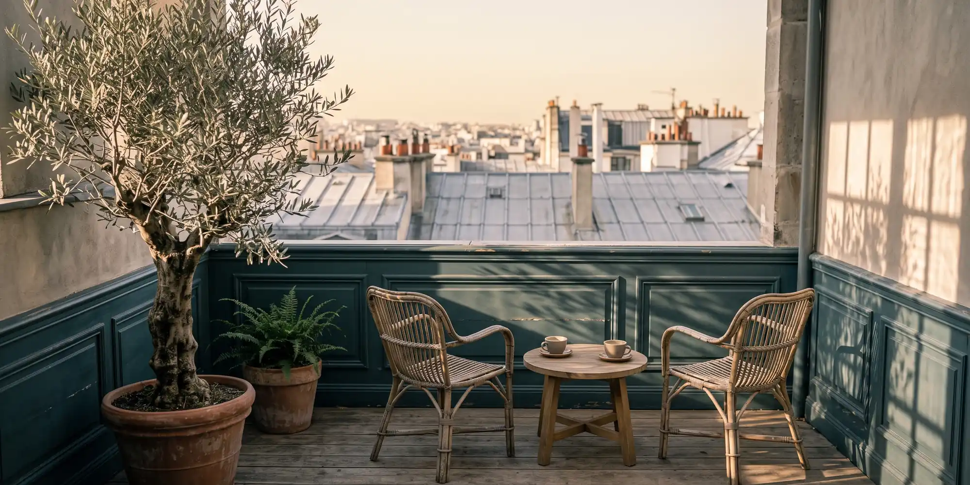 Terrasse d'un petit hôtel au coucher du soleil, fauteuils en osier et toits de zinc