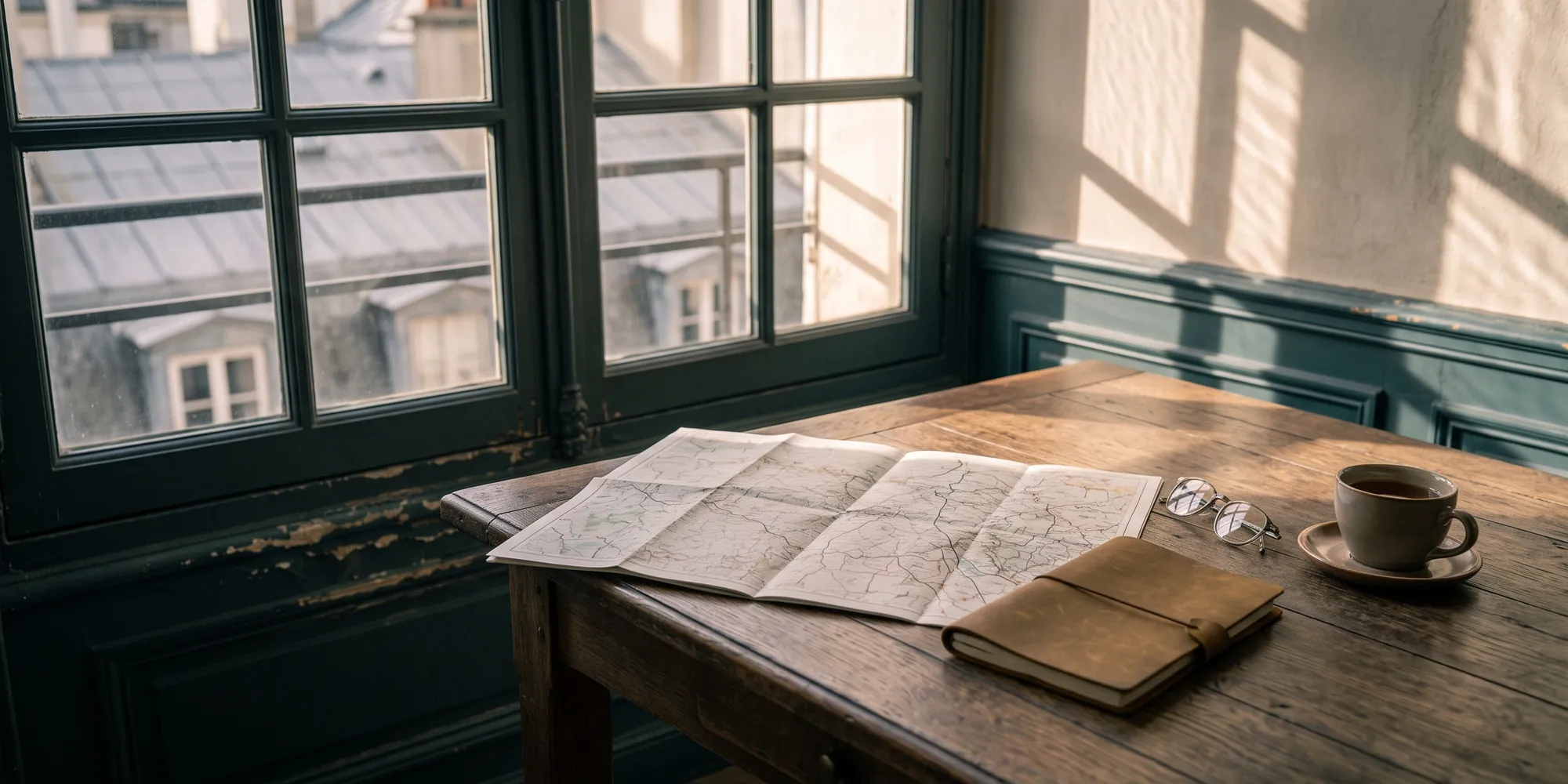 Bureau préparé pour organiser un voyage : carte dépliée, carnet en cuir et lunettes