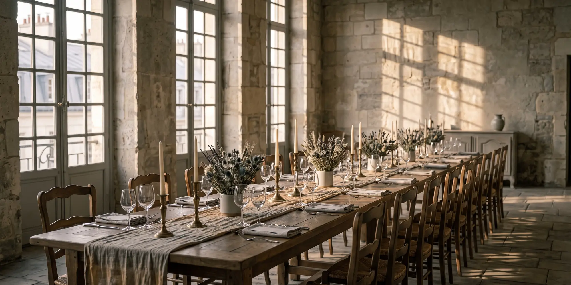 Longue table dressée pour un événement dans une salle en pierre, verrerie et bougeoirs
